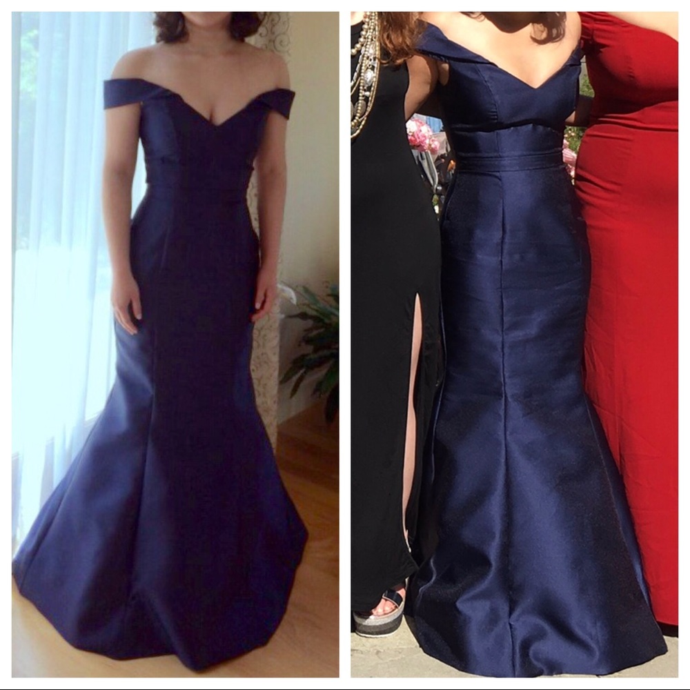 Off the shoulder navy ball gown prom dress
